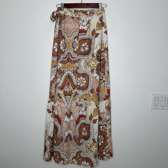 Bcbg Maxi Wrap Skirt Sz XXS Floral Paisley Dusty Rio Red - Picture 5 of 12